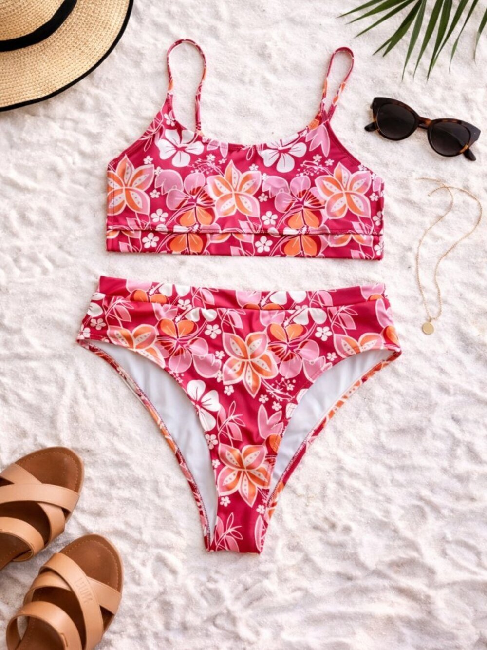 Tropical Floral Bikini Set Pink Orange High Waist Swim L XL